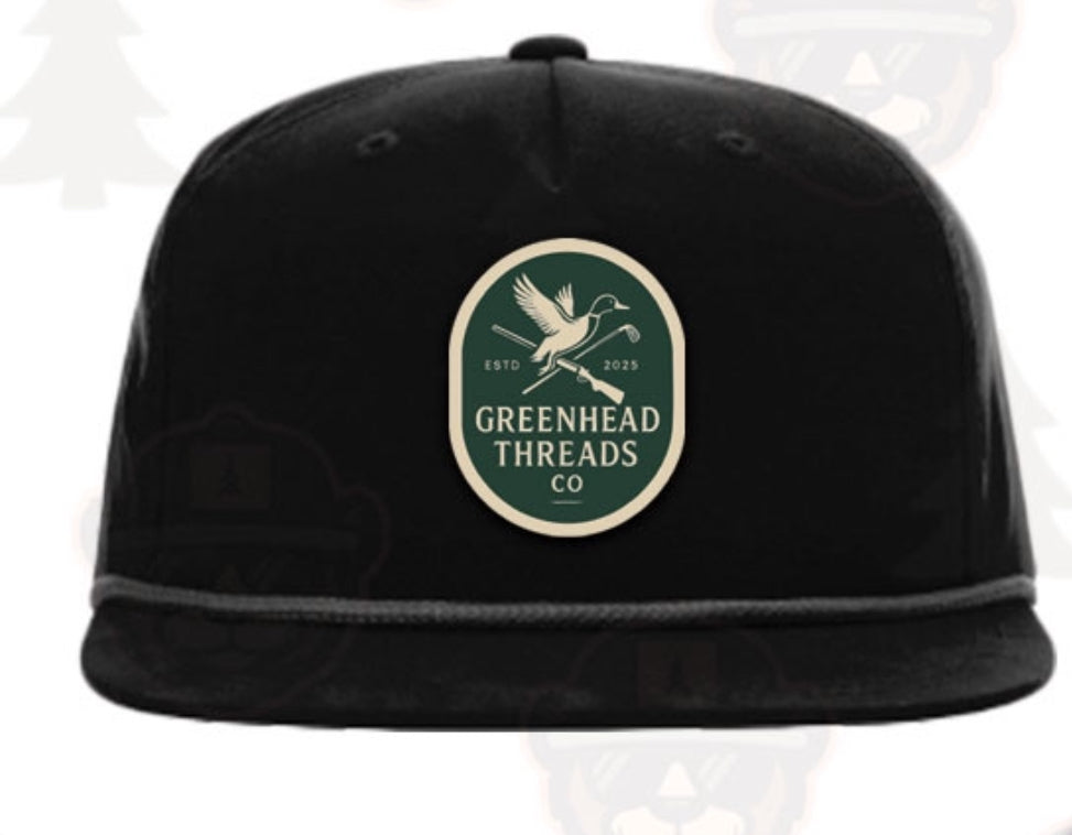 Black cap with Greenhead Threads logo on a white background