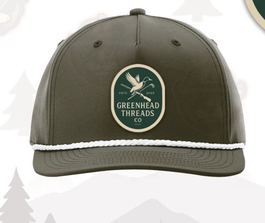 Green cap with a logo and text on a white background